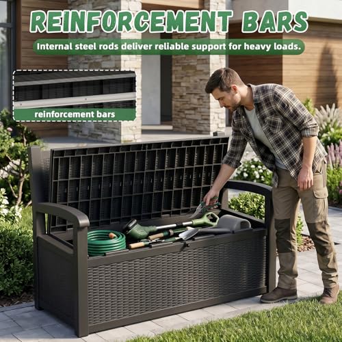 MAIUSCOLI 80 Gallon Outdoor Storage Bench Waterproof Resin Lockable UV Resistant Deck Box Benches Furniture Outside Porch Patio Pool Garden Tool Cushion Black