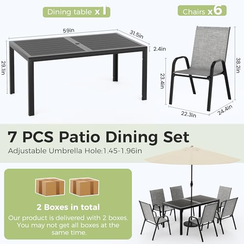 PATIOPIA 7-Piece Outdoor Dining Set, All Weather Patio Table and Chairs Set with Umbrella Hole for 6, Rectangular Steel Slat Table and 6 Textilene Chairs for Garden, Backyard, Poolside and Deck, Grey