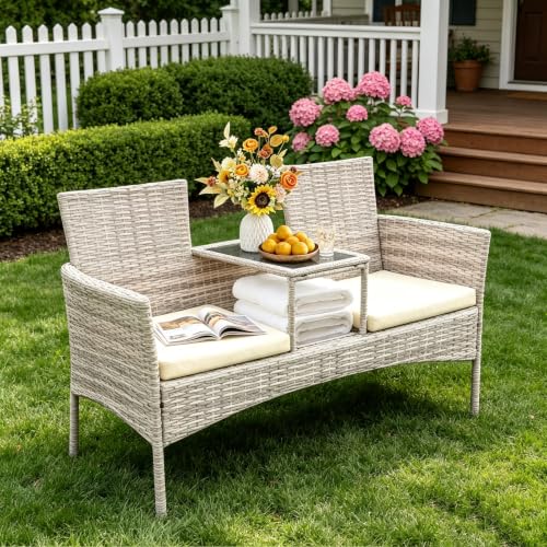 2-Seat Gray Wicker Outdoor Loveseat with Glass Coffee Table & cushions