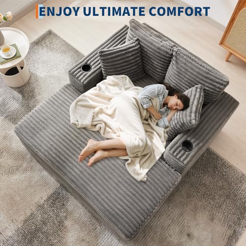 GarveeHome 60-inch Oversized Chaise Lounge Chair Indoor, Comfy Corduroy Lounge Sofa with Charging Station, Cup Holders & Throw Pillows, Cozy Sleeper Couch for Living Room Apartments, Grey