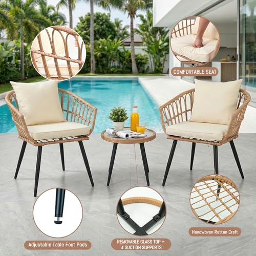 MaagorVita 3 Piece Outdoor Patio Bistro Set,All-Weather Modern Wicker Table and Chairs Set for Backyard,Deck,Poolside,Beige