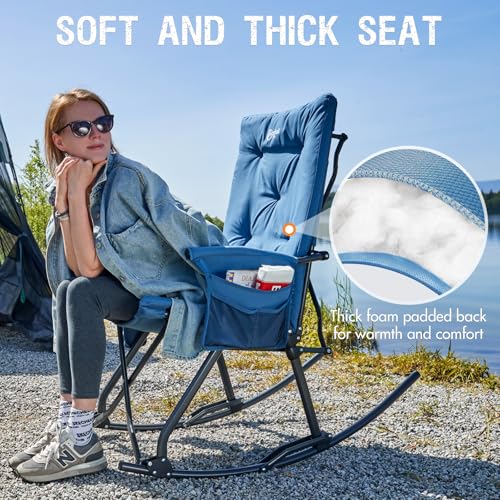 Portal Folding Rocking Camping Chair Outdoor, Thick Padded Rocking Recliner Chair Portable Camping Rocker for Patio Front Porch Backyard Lawn Living Room, Supports 400 LBS, Blue