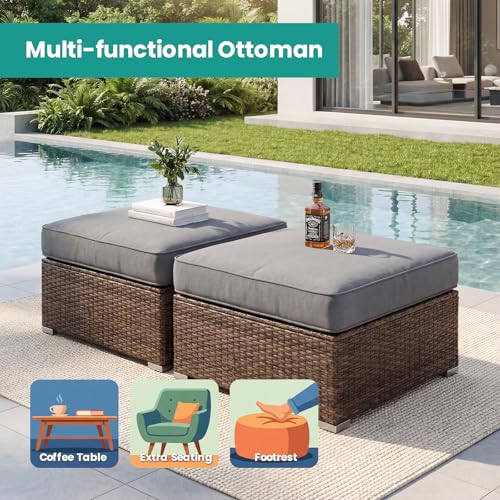 SUNBURY 2 Piece Outdoor Wicker Patio Ottoman Set, 30" Large Square Footrest with Thick Removable Cushion, All-Weather PE Rattan Stool for Backyard Poolside Porch, Grey