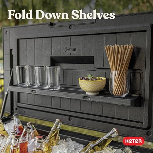 Keter 89.8 Qt Portable Outdoor Patio Cooling Chest, Ice Chest Beverage Party Bar Cart Table with Swivel Wheels, Shelves, and Bottle Opener, Graphite