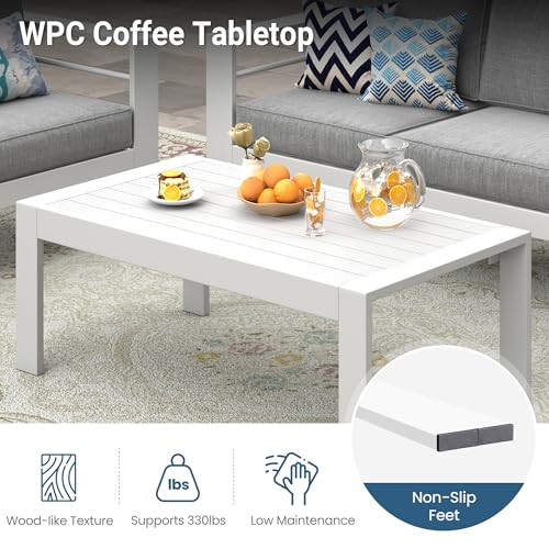 Wisteria Lane Aluminum Outdoor Furniture Patio Coffee Table, All-Weather Outdoor Metal Coffee Table, Modern Rectangle Coffee Table for Balcony, Garden, White