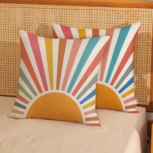 JEFERSO Summer Pillow Covers 18x18 Set of 2 Colorful Stripes Yellow Sunshine Decorations Outdoor Throw Pillows Boho Rainbow Sun Pillowcase Linen Decor Modern Farmhouse Cushion Case for Home Bedroom