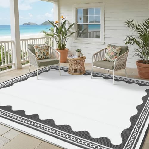 Garvee Outdoor Rug 5x8 Scalloped Waterproof Patio RV Outdoor Rugs Reversible Foldable Plastic Straw Rug Modern Camping Carpet for Deck Camper Porch Balcony Backyard Picnic Beach Grey
