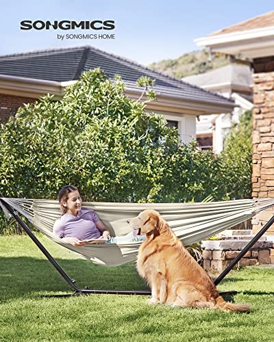 SONGMICS Double Hammock, 98.4 x 59.1 Inches, 660 lb Load Capacity, with Compression Bag, Mounting Straps, Carabiners, for Terrace, Balcony, Garden, Outdoor, Camping, Beige UGDC15M