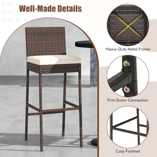 HAPPYGRILL Wicker Patio Barstools Set of 4, Outdoor Rattan Bar Chairs with Footrest & Backrest, Armless High Top Chairs with Seat Cushions for Backyard, Balcony