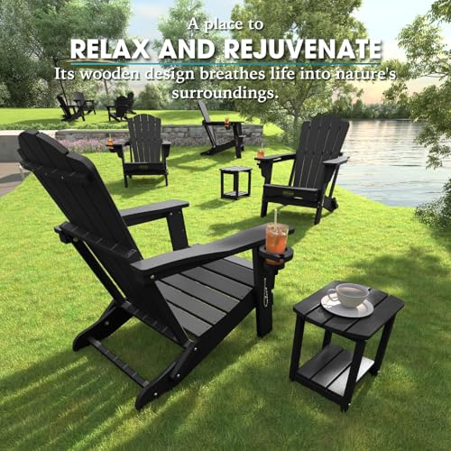 THOEOE Folding Adirondack Chair Set of 2,HDPE All-Weather Outdoor Chair with Cup Holder,Wooden Textured,Fire Pit Chair,Plastic Patio Chair for Deck,Backyard,Garden,Lawn, Black