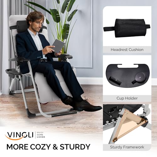 VINGLI Padded Zero Gravity Chair, Lounge Chair with Removable Cushion & Tray， Folding Reclining Patio Chairs， Recliner Chair for Lawn，Indoor and Outdoor