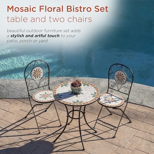 Alpine Corporation Indoor/Outdoor 3-Piece Mosaic Bistro Set Folding Table and Chairs Patio Seating, Tan