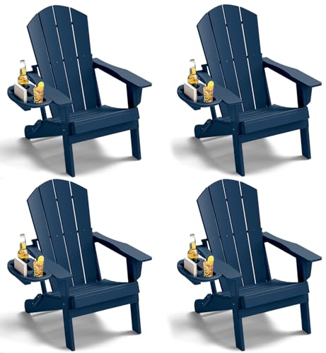 Adirondack Chair Set of 4, HDPE Folding Adirondack Chair with Multifunctional Cup Holder, Weather Resistant Fire Pit Chair for porches, patios, poolsides, Decks.