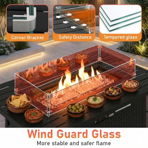 PayLessHere Propane Fire Pit Table, 50,000 BTU CSA-Certified Outdoor Gas Fire Table with Lid, Lava Rock & Glass Wind Guard, Smokeless Patio Firepit for Backyard, Deck & Garden (43 inch)