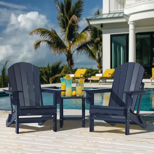 CLOUDEEP Folding Adirondack Chairs, HDPE Plastic Adirondack Chair with Cup Holder Weather Resistant, Wood Texture Outdoor Fire Pit Chairs for Patio Garden,Poolside and Deck, Umbrella Hole, Dark Blue