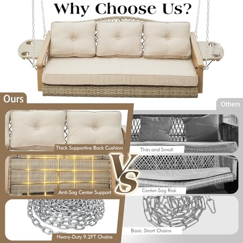 Yalissey 3-Seat Hanging Porch Swing with Cup Holders, Wicker Porch Swing with Cushions, Heavy Duty Front Porch Swing with Chains, Outdoor Patio Hanging Swing Bench for Porch, Patio, Backyard, Beige