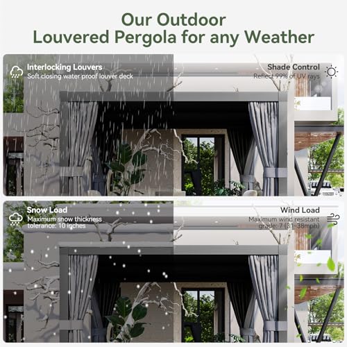 Aoxun Louvered Pergola 10x12 All-Aluminum Outdoor Gazebo with Independent Adjustable Roofs, Waterproof Curtains and Netting, Integrated Drainage System for Patios & Backyard