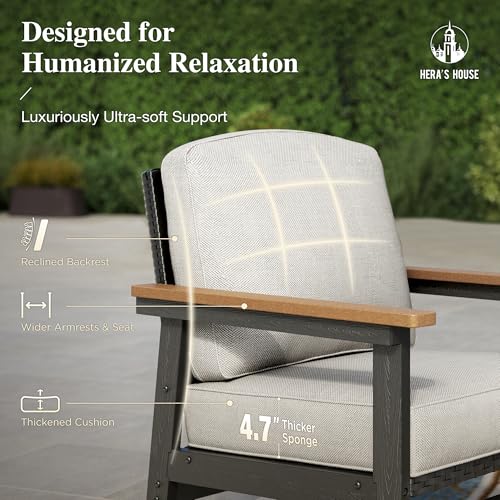 HERA'S HOUSE HDPE Patio Furniture Set, 4-Piece Outdoor Wicker Conversation Couch Set with Thick Cushion, All-Weather Patio Sofa Set for Backyard Garden Deck, Wood Grain Coffee Table