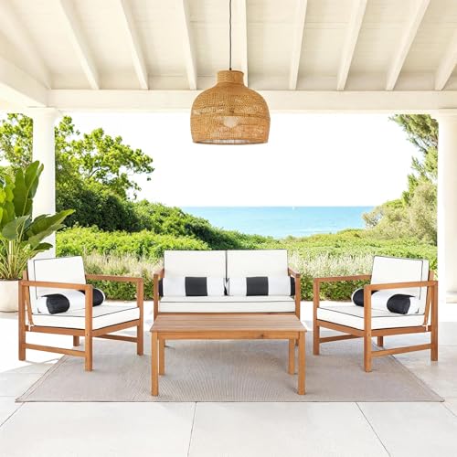 SAFAVIEH Outdoor Collection Montez Natural/ White Cushions/ Striped Bolster Pillows 4-Piece Conversation Patio Set