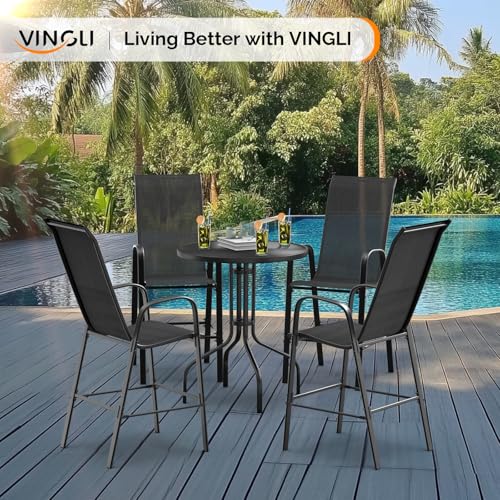 VINGLI Set of 2 Stackable Outdoor Bar Stools – Sling Chairs with High Back & Armrests, for Lawn, Garden, Bar, Black