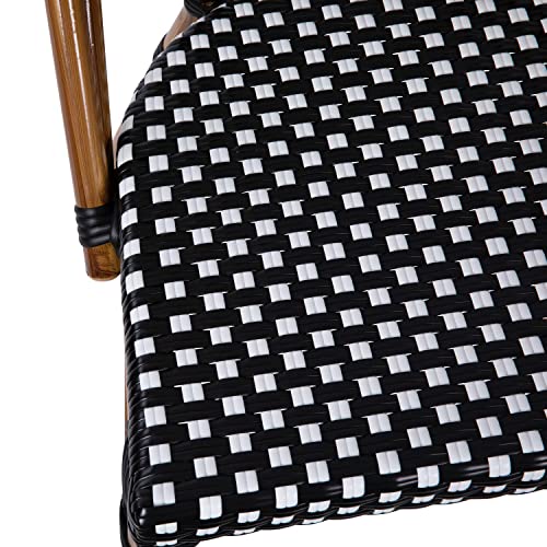 Flash Furniture Bordeaux Set of 2 Indoor/Outdoor Commercial Bistro Stack Chairs - Black/White PE Rattan Back and Seat - Natural Bamboo Print Aluminum Frame