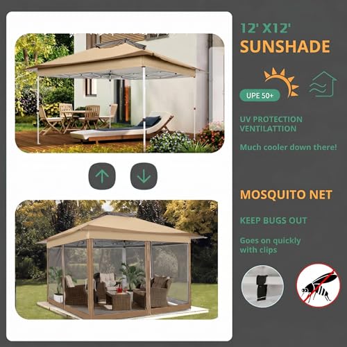 COBIZI 12x12 Pop Up Gazebos On Clearance - Upgrade Easy Up Metal Outdoor Gazebo Waterproof - Portable Gazebo with Mosquito Nettings, 4 Ropes 8 Stakes and Carry Bag for Patio Garden(Coffee)