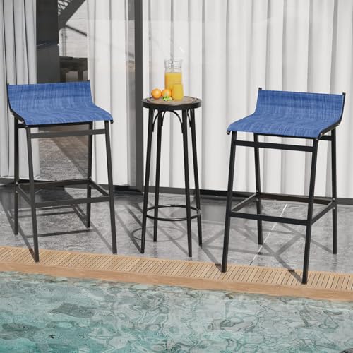 Sundale Outdoor Patio Metal Bar Stools Set of 2, Low Back Modern Counter Height Tall Chair Armless, High Top Outside Barstools, All-Weather Patio Stools for Porch Yard Deck Balcony, Modern Blue