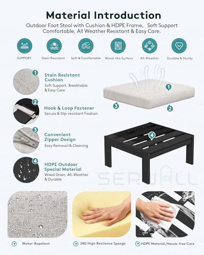 SERWALL Outdoor Ottoman with Cushions for Sofa Set, Black HDPE Frame with Beige Cushions