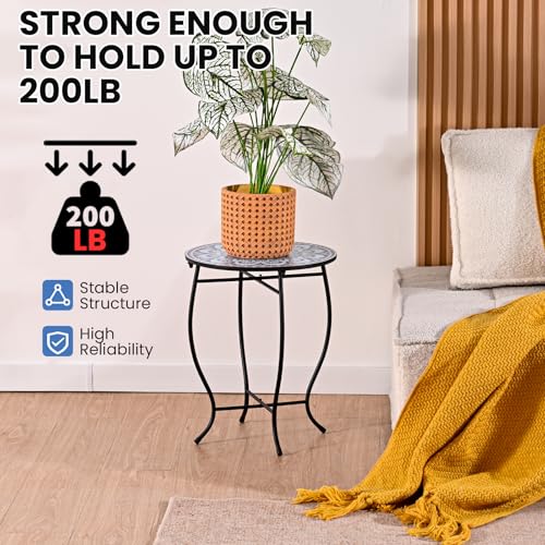 Round Side Table, Indoor Outdoor Small Side Table, Weather Resistant Black Metal Side Table for Livingroom Patio Balcony Yard Porch Garden, 14” Diameter and 17” H Patio Accent Table Plant Stand