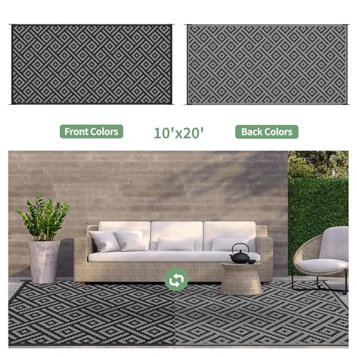 GENIMO Outdoor Rug Waterproof, 10' x 20' Reversible Plastic Straw Rug, Lightweight Large RV Camping Mat for Patio, Deck, Camper, Balcony, Backyard, Picnic, Black & Gray