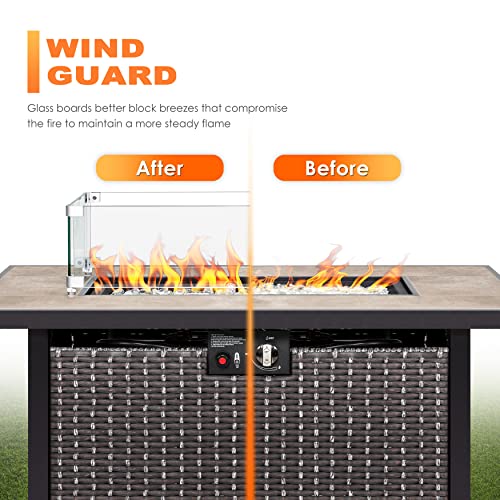 Nuu Garden Outdoor 43" 50,000 BTU Propane Gas Fire Pit Table, Ceramic Tabletop and Rattan Weaved Iron Frame, Water-Proof Oxford Cover, Glass Wind Guard, Glass Beads, Lid Included, Dark Brown & Coffee