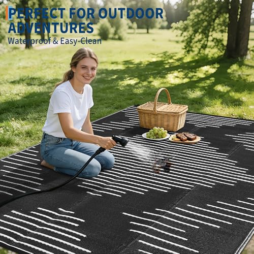 Garvee Waterproof Outdoor Rug 5x8 Rug Plastic Reversible Area Rugs Indoor Outdoor Carpet for Patio RV Porch Balcony Backyard Picnic Black White