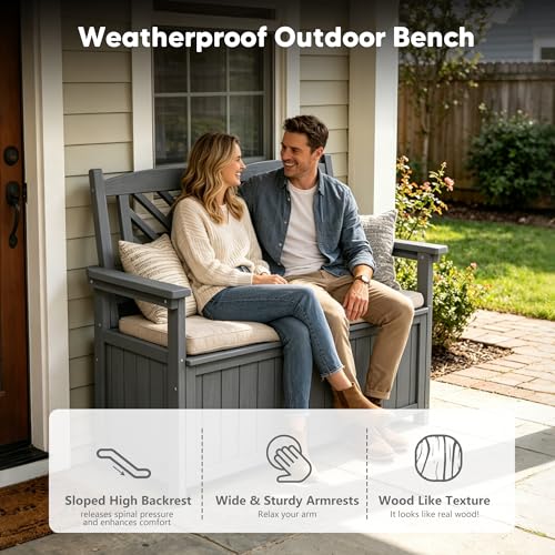 LLHHONGSHOPP 80 Gallon Outdoor Storage Bench Deck Box, Waterproof Weather Resistant Patio Bench with Armrests for Patio Garden and Porch, Large Capacity Storage Seat for Garden Tools, Cushions(Grey)