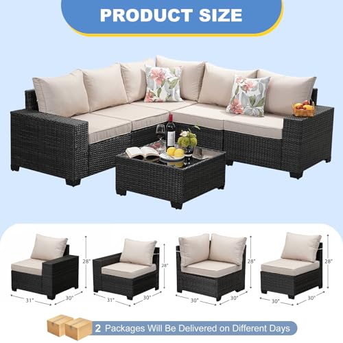 SunloungeCo Patio Furniture Set, 6 Pieces Outdoor Couch Sofa with Wider Armrests & Glass Coffee Table, Outdoor Sectional Furniture with Thick Cushions for Party, Poolside,Garden-Beige