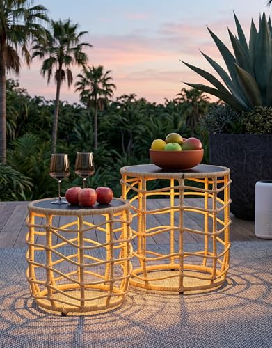 PARTPHONER Boho Solar Outdoor Side Table with Built-in Lights Set of 2, All-Weather Wicker Nesting Tables, Round Waterproof Accent End Table Design for Patio, Porch, Garden & Balcony, Natural Brown