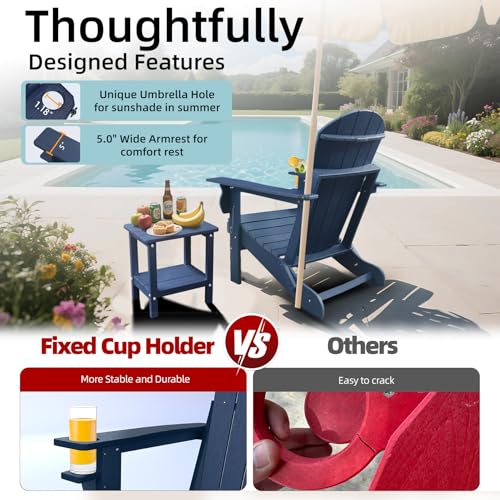 CLOUDEEP Folding Adirondack Chairs, HDPE Plastic Adirondack Chair with Cup Holder Weather Resistant, Wood Texture Outdoor Fire Pit Chairs for Patio Garden,Poolside and Deck, Umbrella Hole, Dark Blue