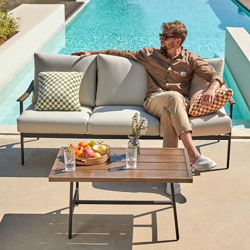 NATURAL EXPRESSIONS Patio Sofa Outdoor Furniture Metal Chair with Wicker Backrest & 6 Inches Cushion for Indoor, Front Porch, Deck, Balcony, Backyard, Sunroom, 73.35"(L) x 29.75"(W) x 33.86"(H).