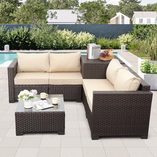 Valita Wicker Patio Furniture Set 4 Pieces Outdoor Sectional Conversation Sofa Set with Storage Box and Glass Table with Cushions and Furniture Covers, Khaki