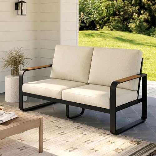 Tribesigns Outdoor Loveseat with Tall Back & Oversized Seat, Modern Metal Frame Patio 2-Seater Sofa with 6'' Thick Cushions, All-Weather Conversation Sofa for Backyard, Porch, Balcony, Poolside, Beige