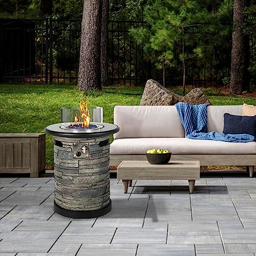 BAIDE HOME Outdoor Propane Fire Pit Table, Round Porcelain Tile Top 22" Fire Bowl Column W/ 40,000 BTU Firepit Table Auto-Ignition 400D Cover Glass Rocks for Outside Patio
