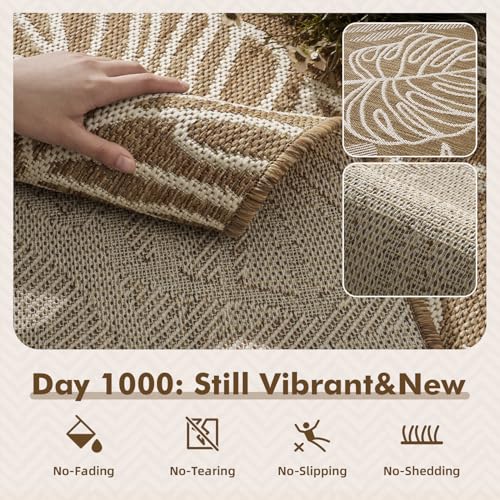 MontVoo-Outdoor Rug-Patio Rug 5x7 ft Polypropylene Indoor Outdoor Rugs Outdoor Carpet for Patio Deck Balcony Porch, Textured Weave, Durable for High Traffic, Fade-Resistant, Tropical Neutral Brown