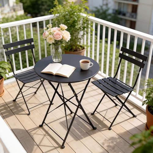 Grand patio 3-Piece Folding Bistro Set, 2 Chairs and 1 Table, Weather-Resistant Outdoor/Indoor Conversation Set for Patio, Yard, Garden-Black
