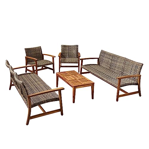 Christopher Knight Home Hamptom Outdoor 5 Piece Acacia Wood and Wicker Sofa Conversation Set, Gray