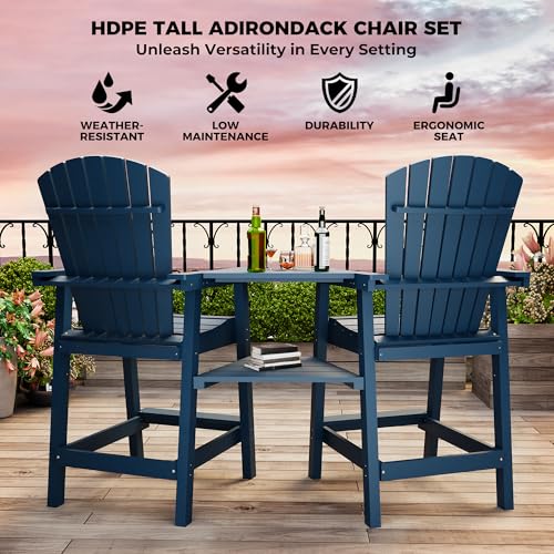 GAOMON Tall Adirondack Chairs Set of 2, Recycled HDPE Bar Height Patio Chairs with 2 Removable Connecting Trays & Umbrella Hole, Heavy Duty Outdoor Furniture for Deck, Backyard, Garden, Balcony, Blue