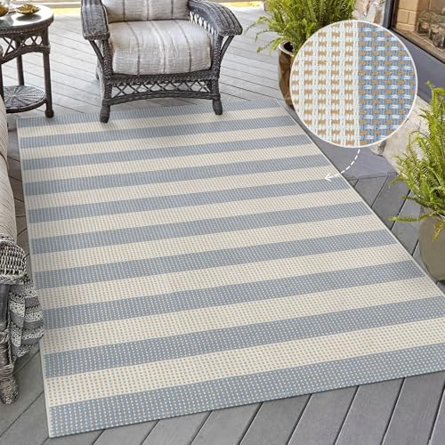 OJIA Washable Area Rugs 4'x6', Striped Outdoor Rug Cotton Woven Entryway Rugs Indoor Patio Rugs Carpet Large Area Rugs for Bedroom/Porch/Deck/Backyard/Camping/Living Room (Blue/White/Tan)