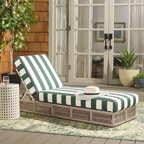 SAFAVIEH Outdoor - Gillian Chaise Lounge Chair - Heather Tan & Hunter Green Stripe - Steel and Woven Rope - Adjustable 5-Position Backrest - Ideal for Patio, Deck, Poolside, Backyard (PAT7527H)