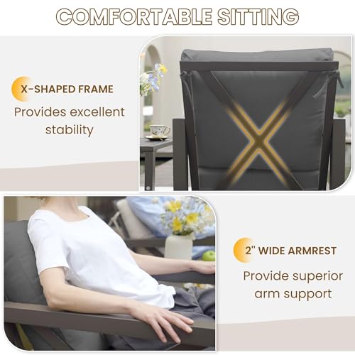 UDPATIO Outdoor Rocking Chair Set of 2 with Coffee Table, 3 Piece Metal Patio Furniture Set with 6.5" Water-Resistant Cushions, Oversized, 350lbs Heavy-Duty, for Porch, Patio, Balcony, Dark Grey