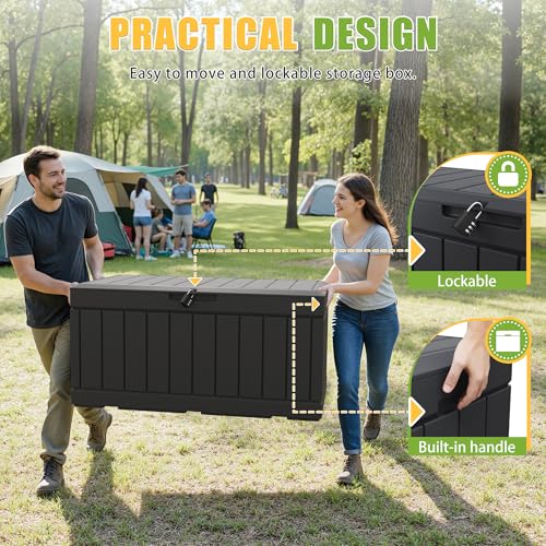 Greesum Outdoor Storage Box 82 Gallon Storage Bin with Lid for Patio Furniture, Garden Tools, Pool Supplies, Waterproof and UV Resistant, Lockable, Black