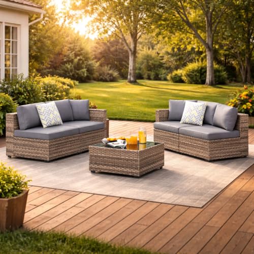SUNLEI 5 Piece Patio Furniture Sets, Low Back All-Weather Rattan Sectional Sofa with Tea Table&Washable Couch Cushions, Patio Furniture Sets, Brown Rattan