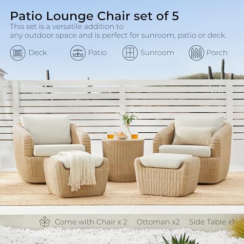CHITA 5 Pieces Patio Wicker Furniture Set, Outdoor Rattan Bistro Set with Removable Thickened Cushions, Fully Assembled(Beige Cushions with Light Brown Wicker)